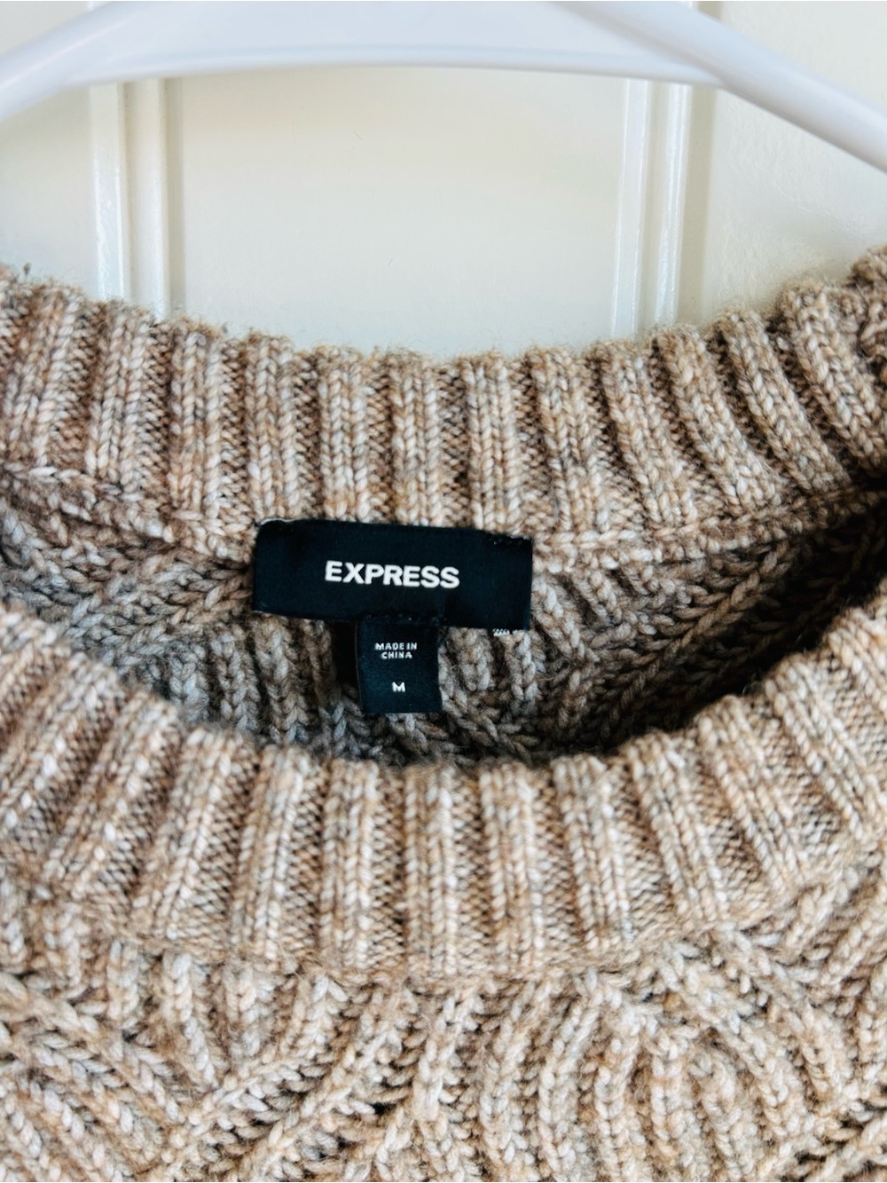 Express Men's Cable Crewneck Sweater in Beige/Tan - Picture 3 of 5